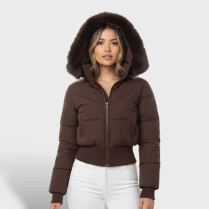 Jas Dames Cropped Gewatteerd Nepbont Capuchon – Winter | Miss Madera