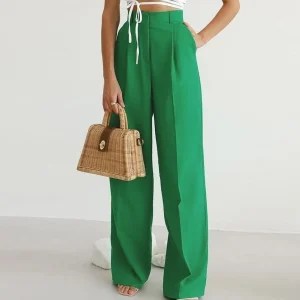 Miss | Broek Dames High-Waist Wide-Leg Geplooide Linnen