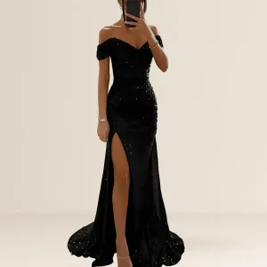Miss | Jurk Dames Maxi Open Schouder Pailletten Split - Polyester