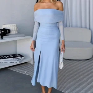 Miss | Jurk Dames Off-Shoulder Maxi Zijsplit Lange Mouw